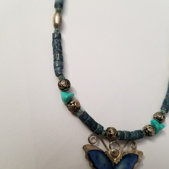 Relisted -Vintage butterfly necklace blue turquoise silver - Picture 8 of 12